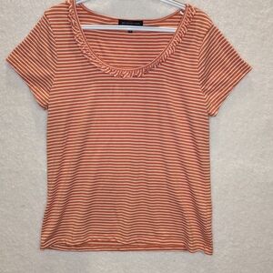 Jones New York Pink and White Ruffled Fitted Short Sleeve Tee